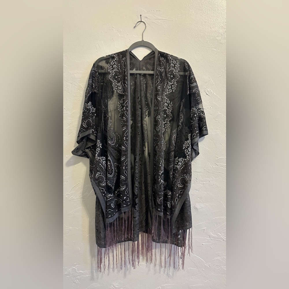Chic Black Sheer Kimono with Fringe Detail - One Size Fits All